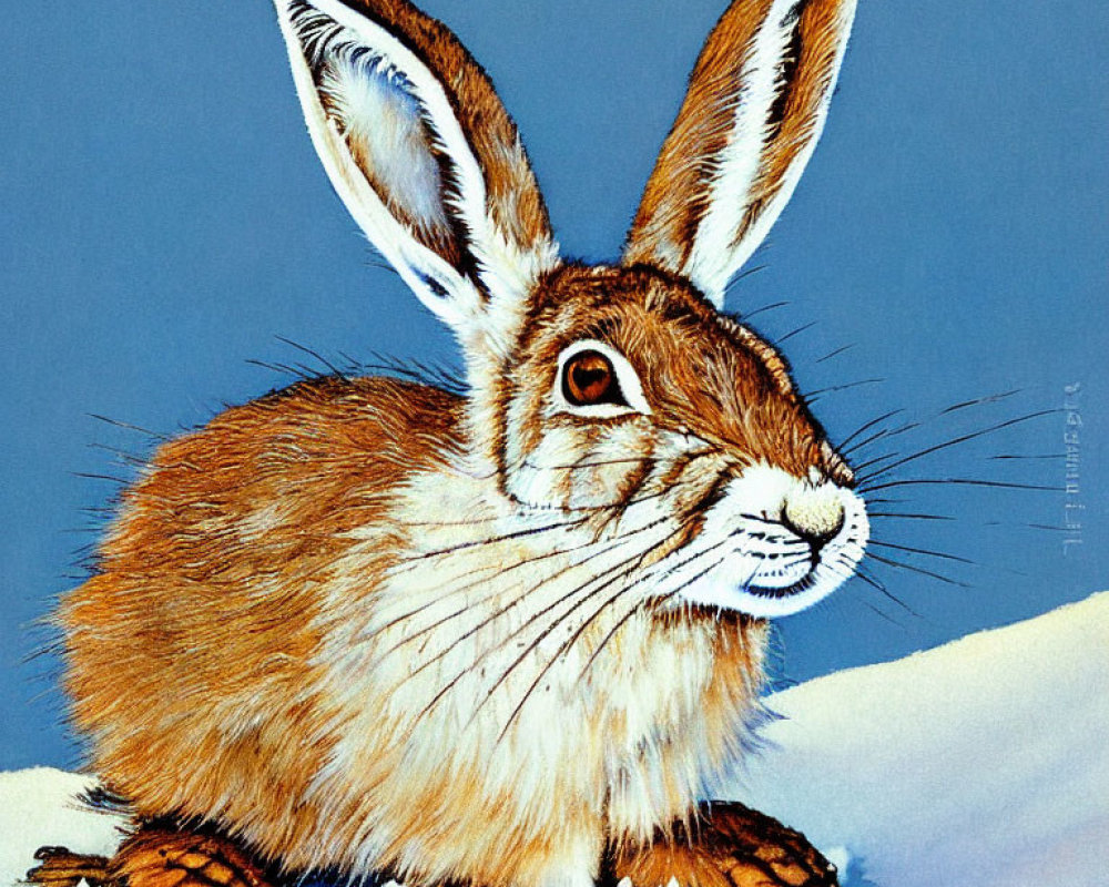 Brown Hare Illustration on Snowy Ground with Blue Background