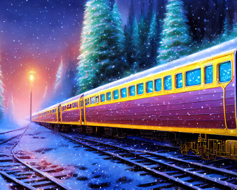 Colorful train journey through snowy pine forest under starry sky