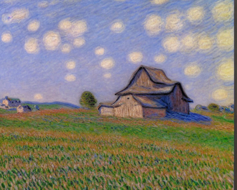 Landscape painting of dusk with thatched-roof cottage, fields, and yellow orbs in sky