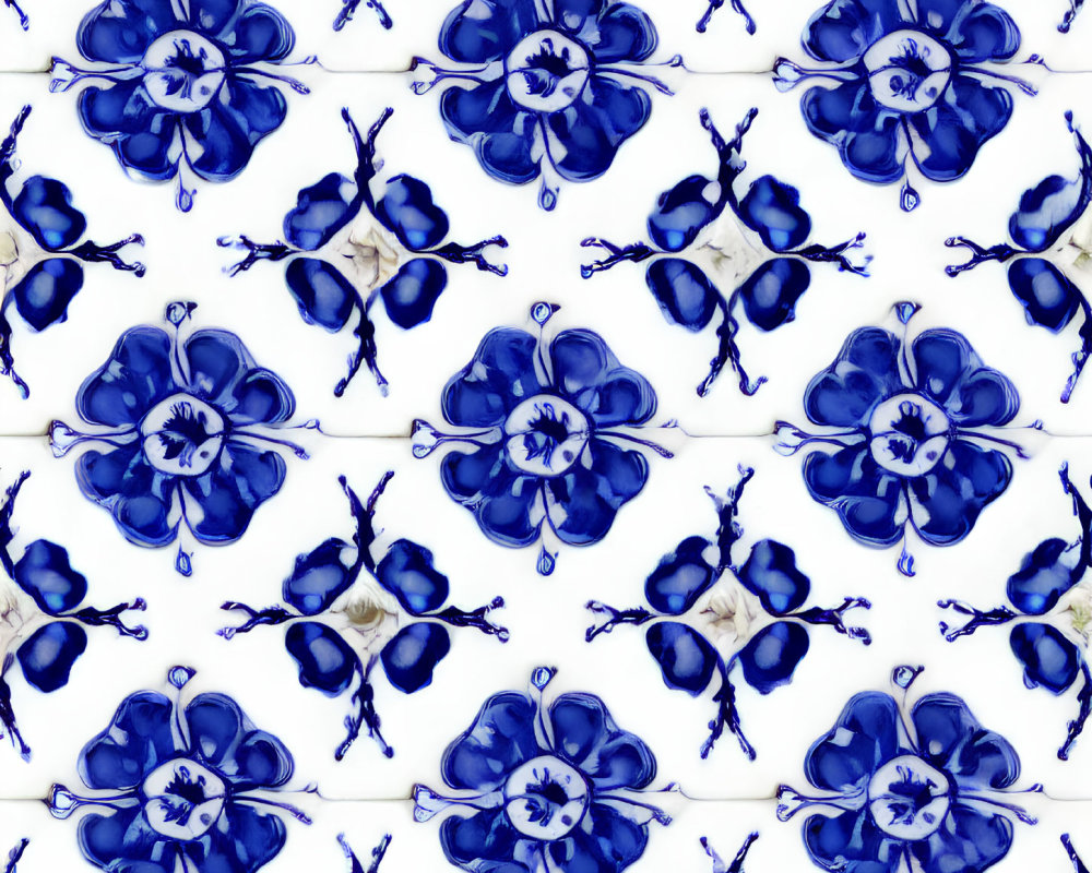Symmetrical Blue Floral Pattern on White Background