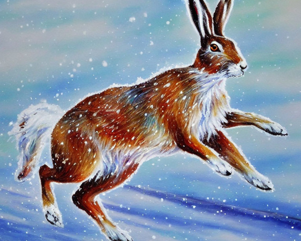 Brown hare leaping in snowy landscape with falling snowflakes