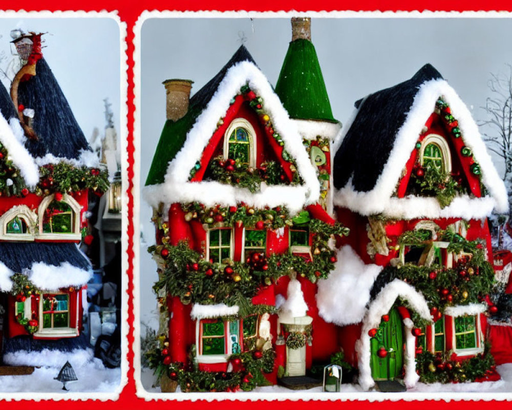 Snow-covered Christmas houses with festive decorations on bright winter background