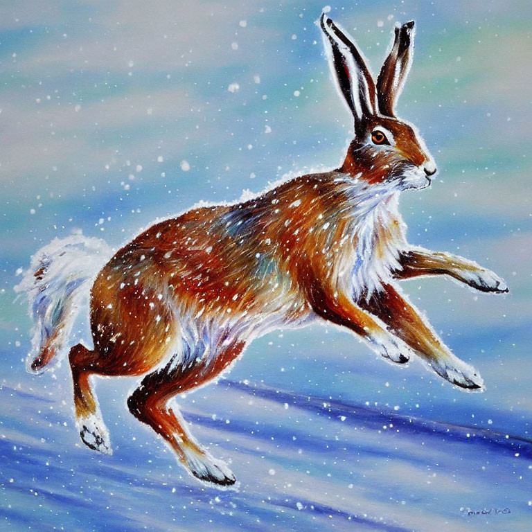 Brown hare leaping in snowy landscape with falling snowflakes