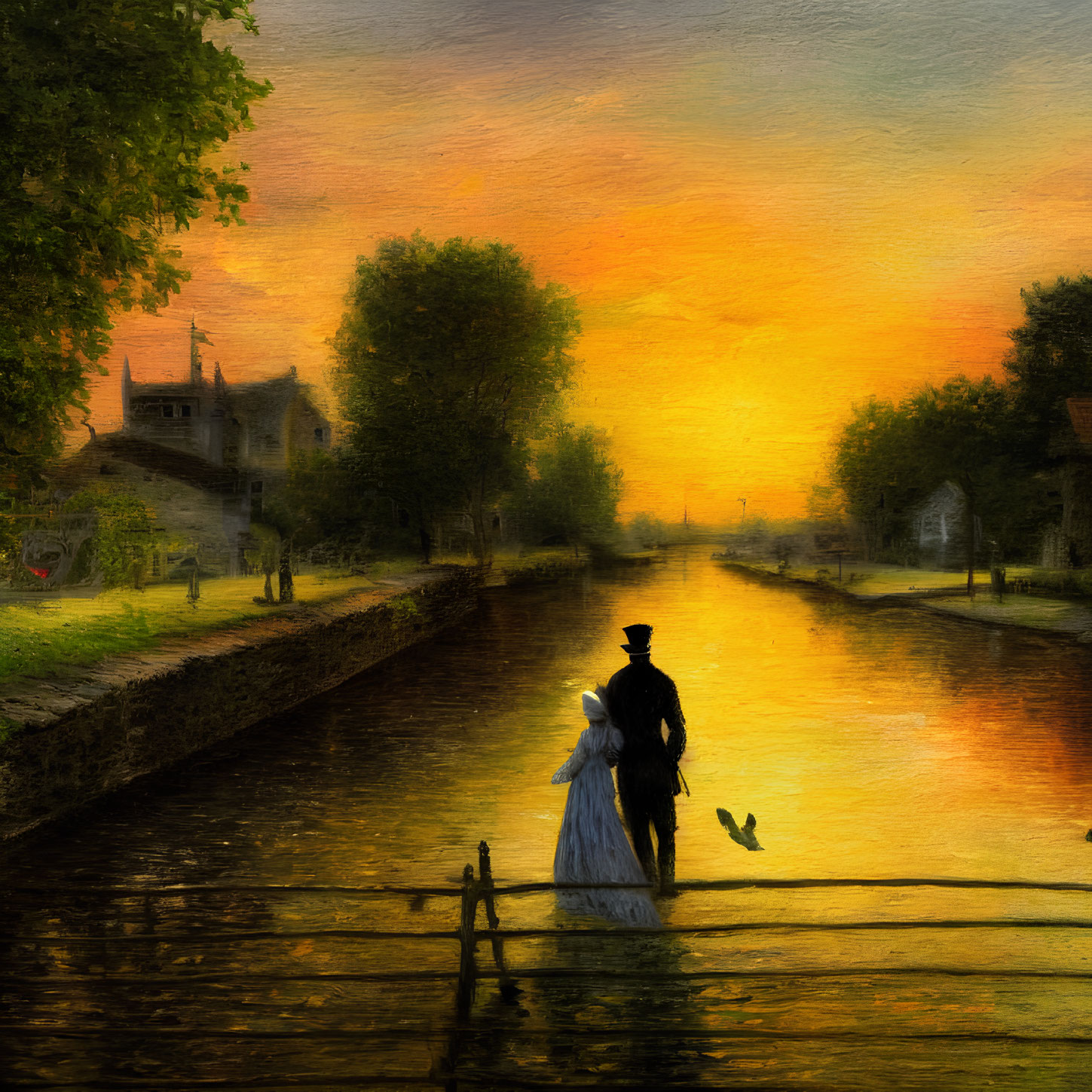 Victorian couple on wooden dock at sunset in picturesque village