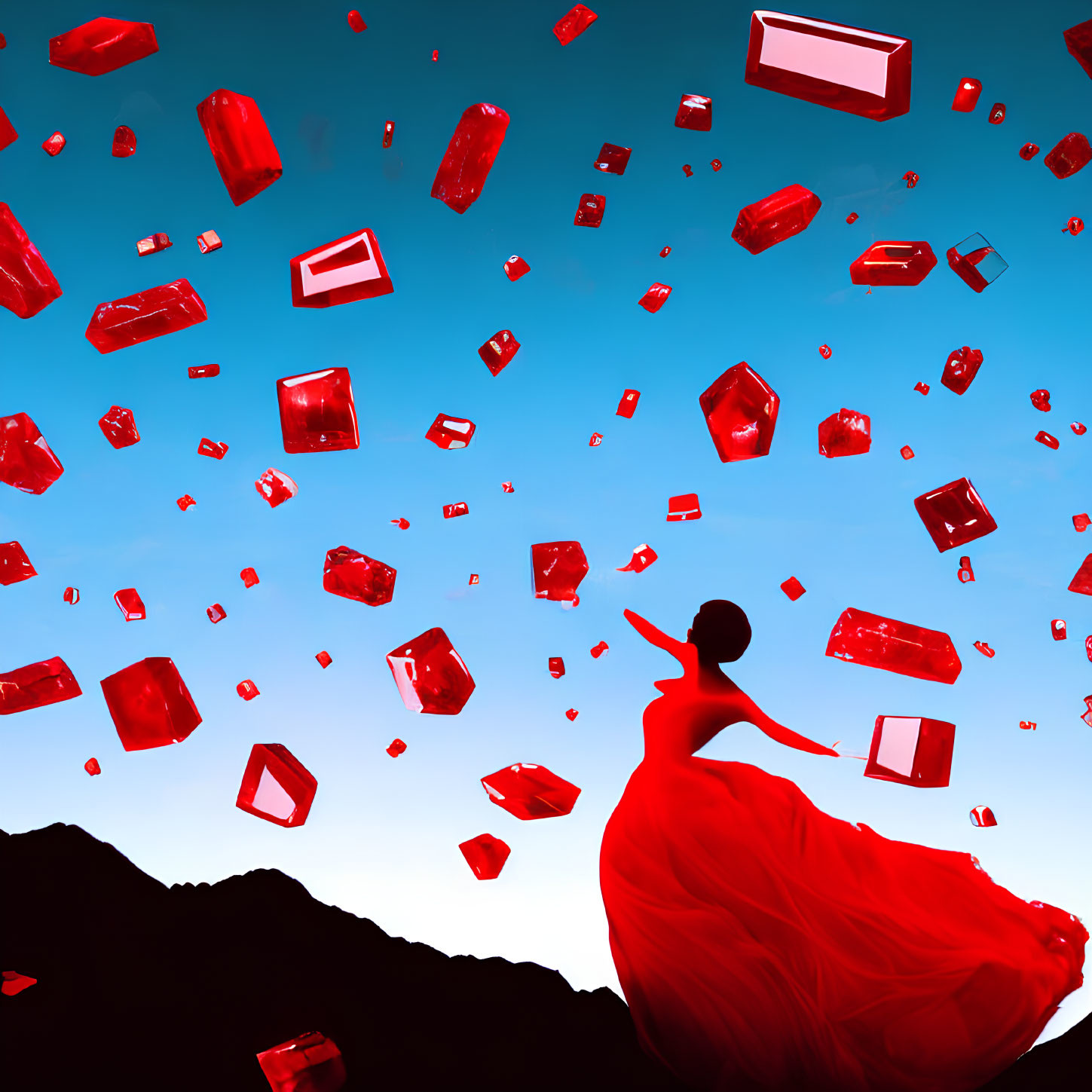 Woman in flowing red dress surrounded by floating red crystals at twilight