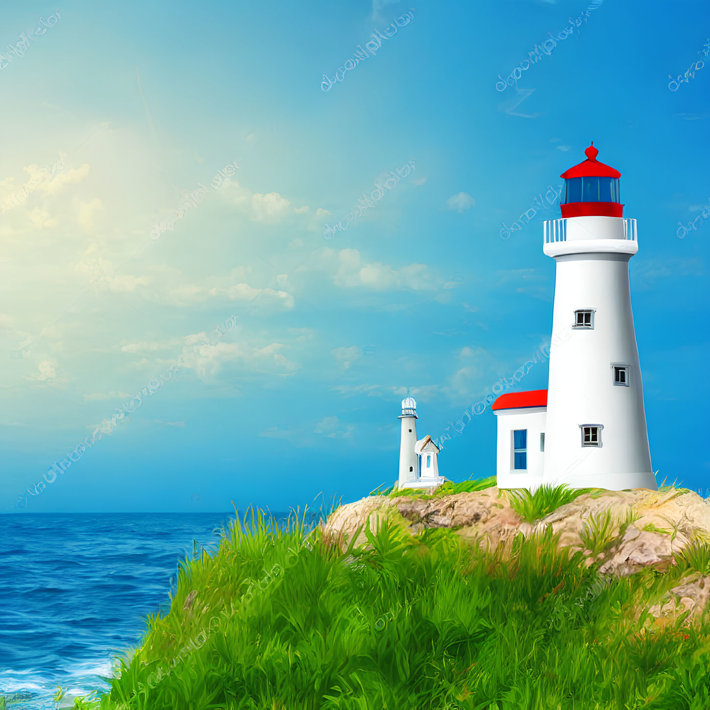 White Lighthouse with Red Cap on Coastal Cliff Illustration