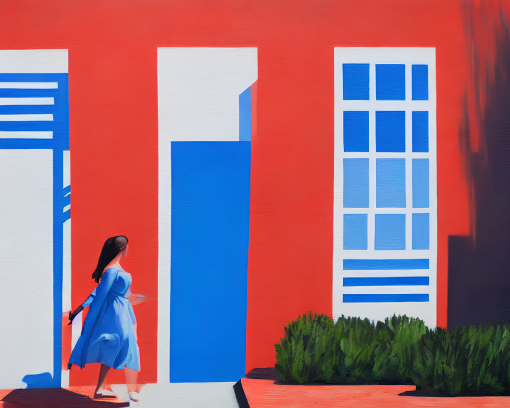 Woman in Blue Dress Walking Past Vibrant Red Wall with Abstract Blue and White Designs
