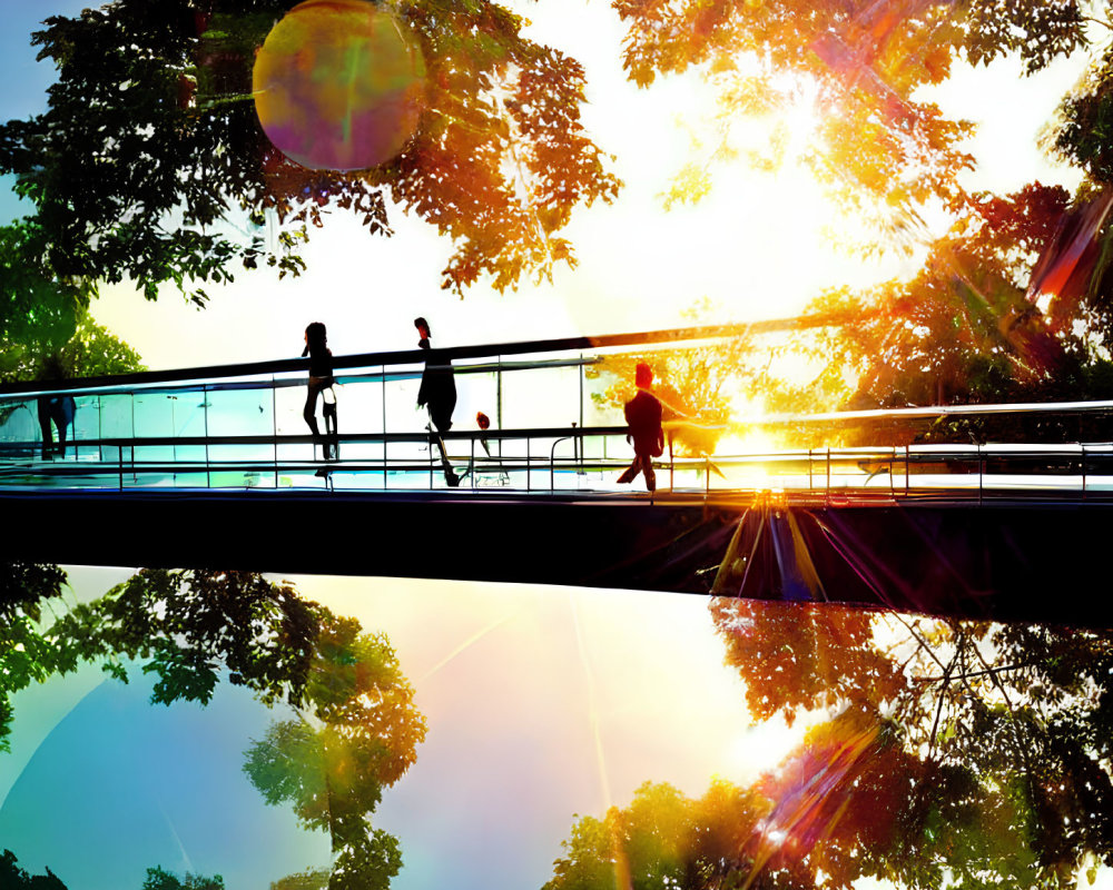 People walking on modern glass bridge at sunset.