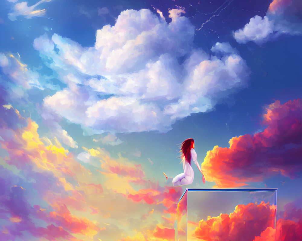 Red-Haired Person Sitting on Transparent Ledge Under Vibrant Sky