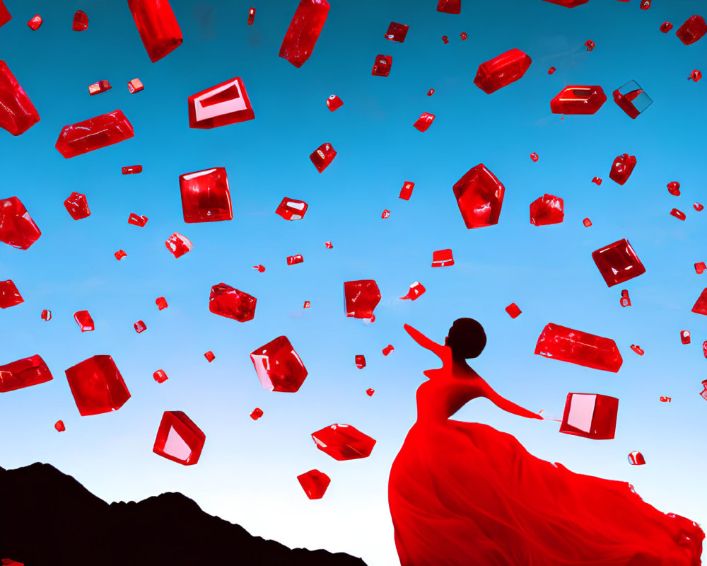 Woman in flowing red dress surrounded by floating red crystals at twilight