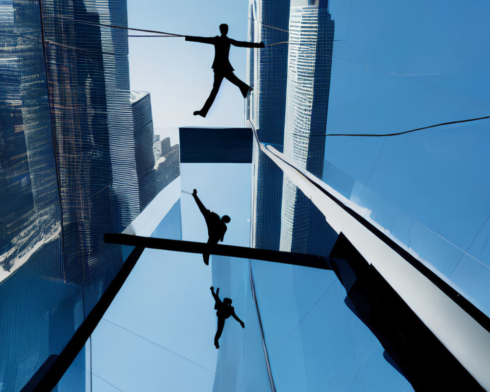 Silhouetted figures tightrope walk between skyscrapers on blue sky