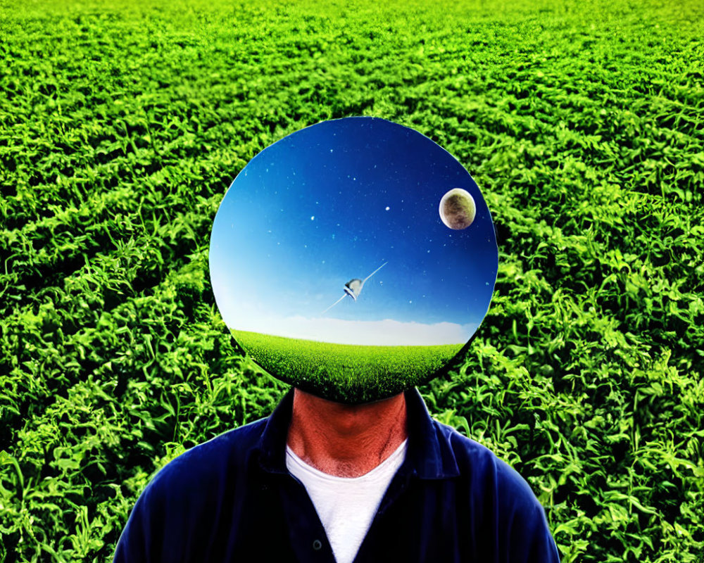 Person in green field with circular nighttime scene head