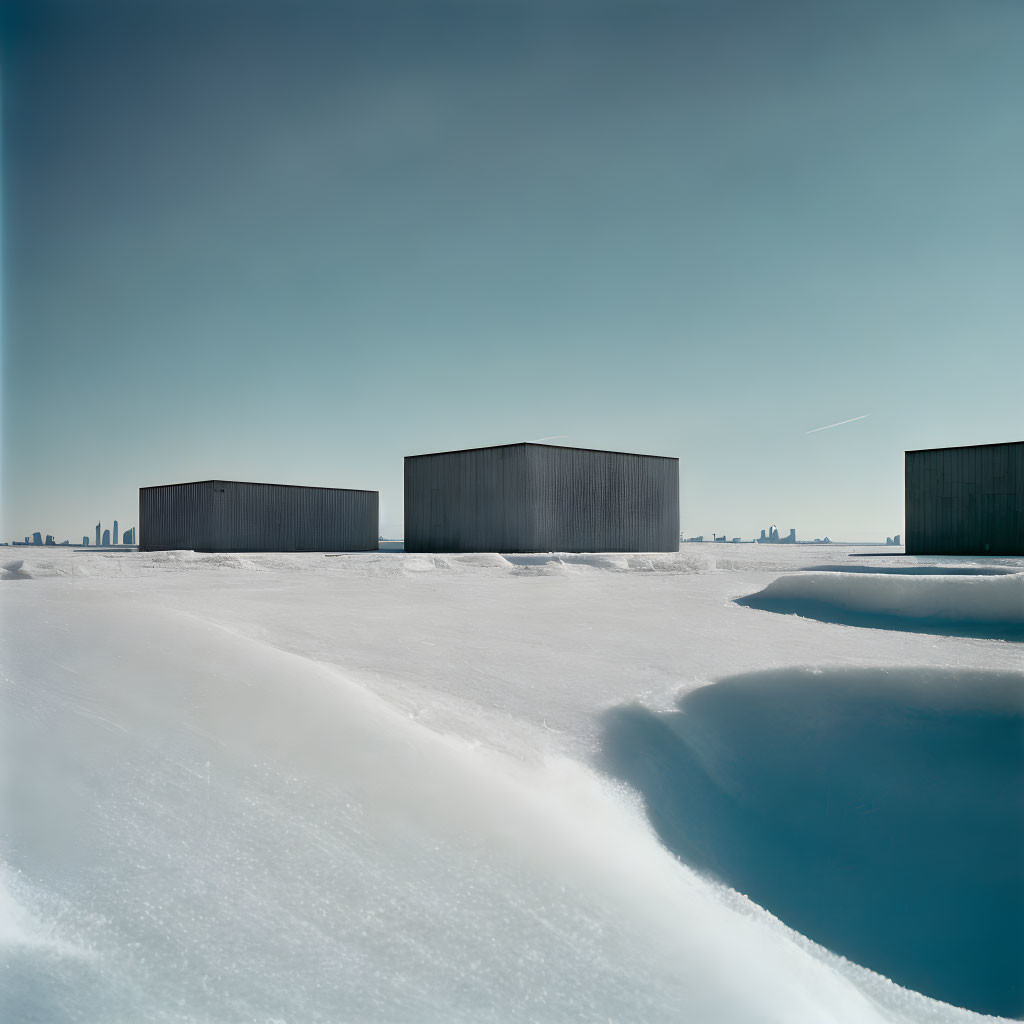 Dark rectangular buildings in snowy landscape with city skyline under clear blue sky