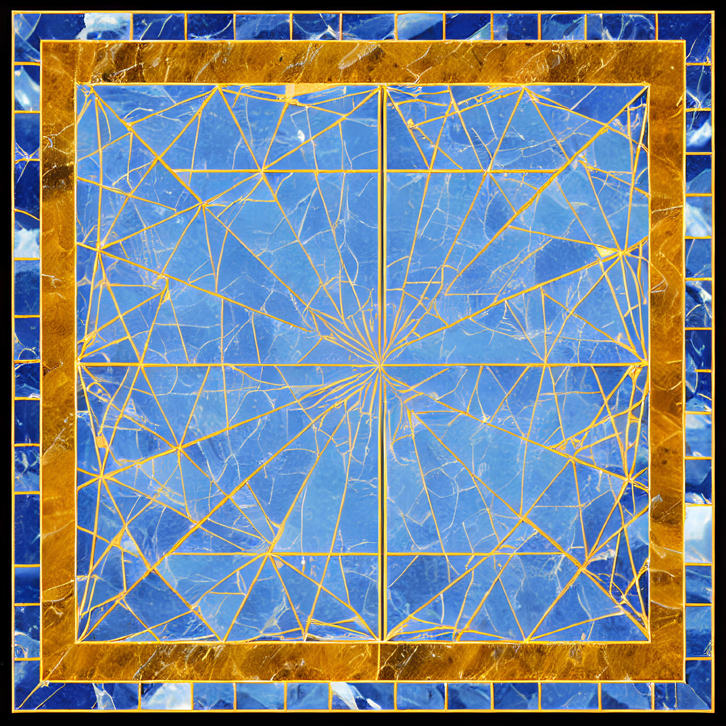 Blue Toned Geometric Fractal Design in Golden Frame