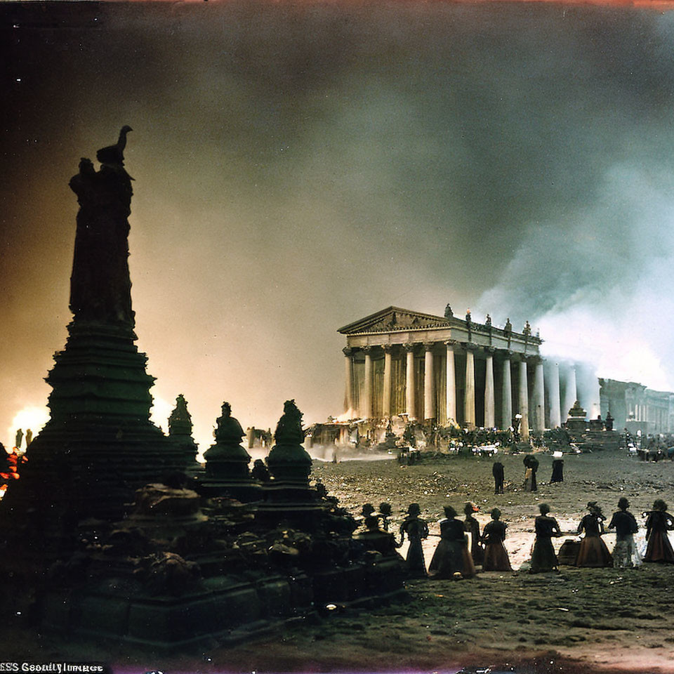 Dramatic scene with fiery statue, classical buildings, and period-dressed people