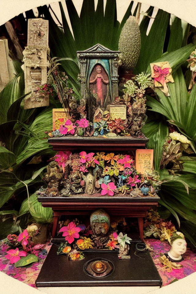 Colorful religious altar with flowers and sculptures in lush green setting