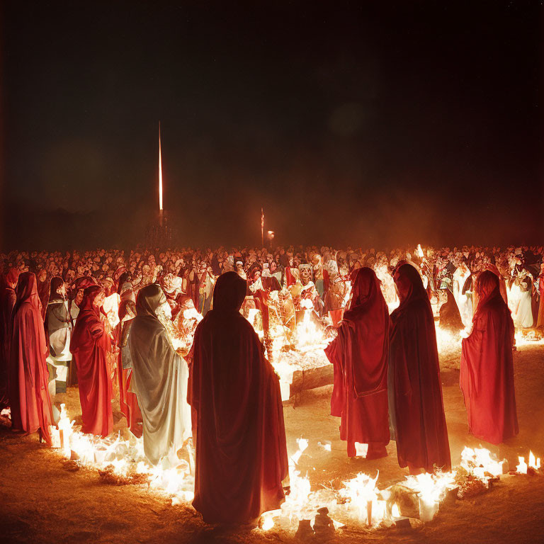 Group in Red Cloaks Around Night Fire with Rocket Launch