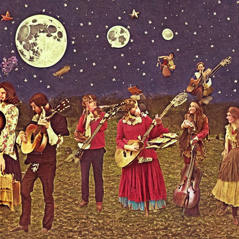 Vintage Folk Band Playing Instruments Outdoors Under Twilight Sky