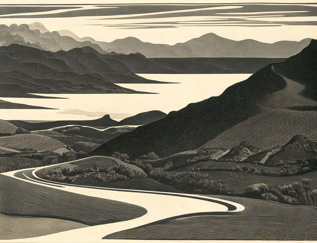 Monochromatic landscape with layered hills, valleys, and winding river