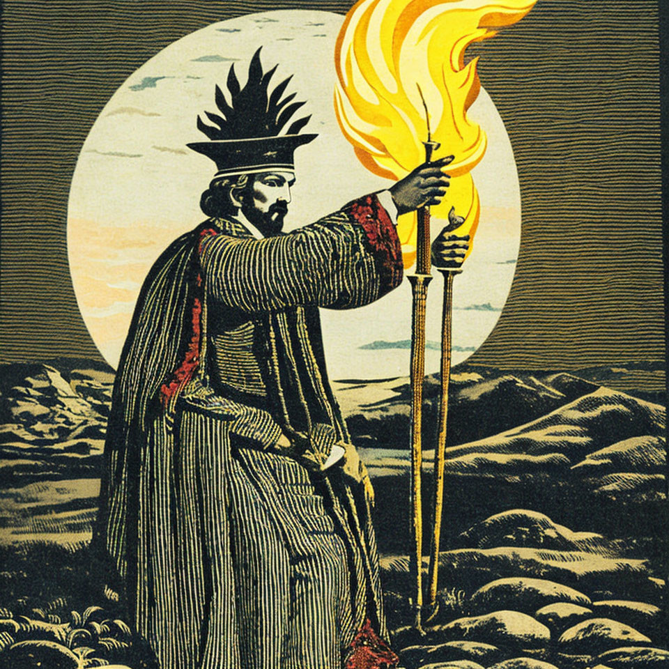 Stylized illustration of robed figure with flaming torch in moonlit mountain landscape