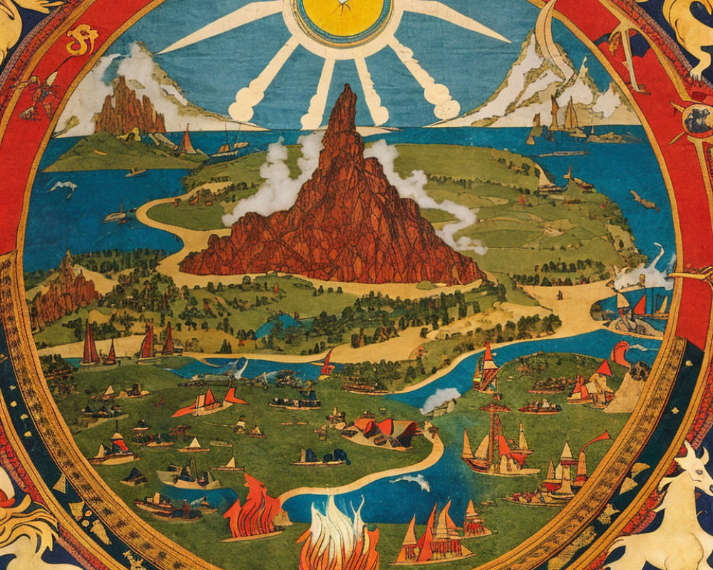 Fantastical landscape with volcano, rivers, forests, mythical creatures, and compass rose.