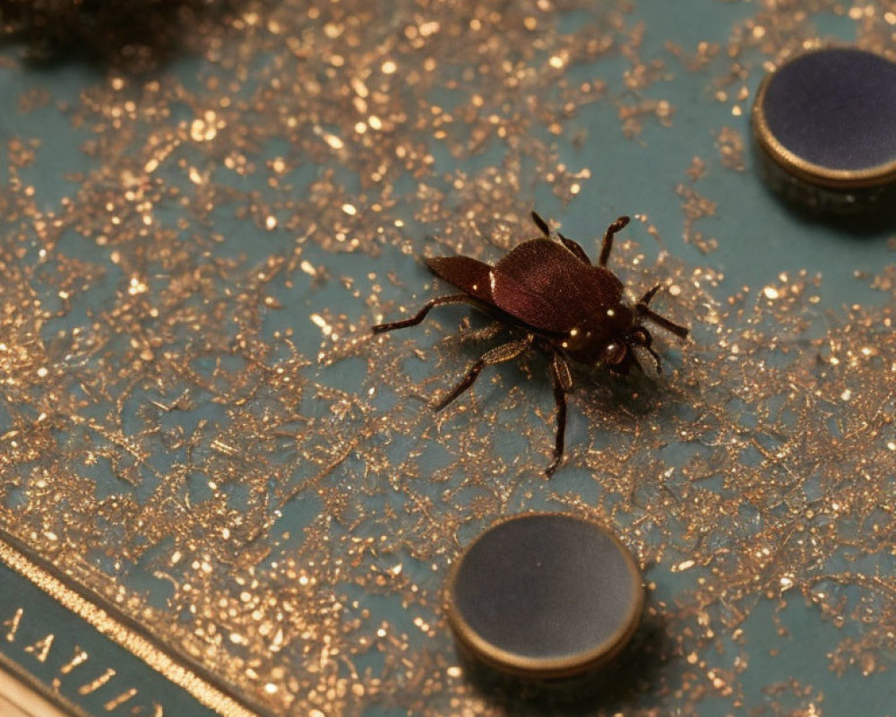 Brown Beetle on Glittering Surface Near Round Magnets and Book Edge