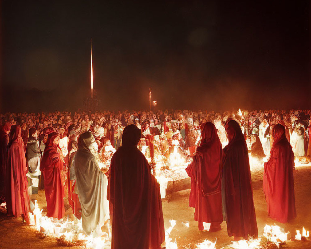 Group in Red Cloaks Around Night Fire with Rocket Launch