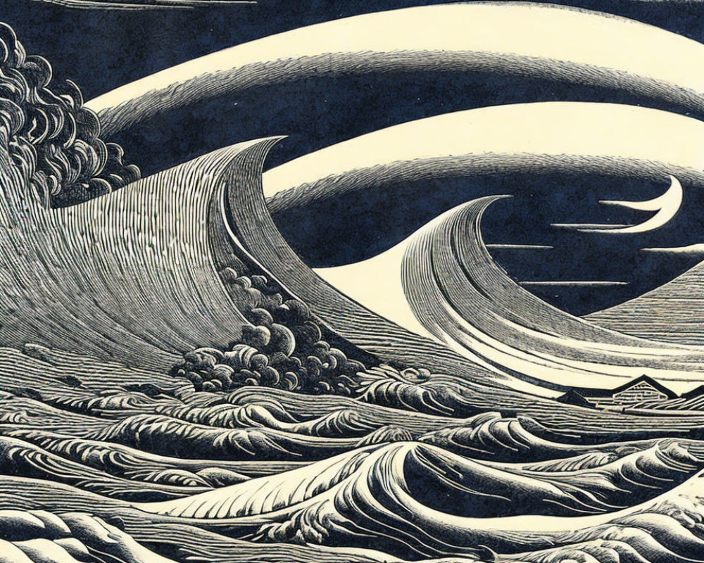 Monochrome illustration of stylized waves with crescent moon and clouds, portraying dynamic seascape