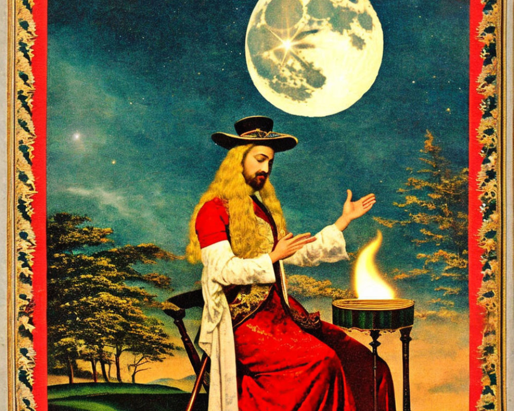 Vintage-style illustration of man with halo and flame under full moon