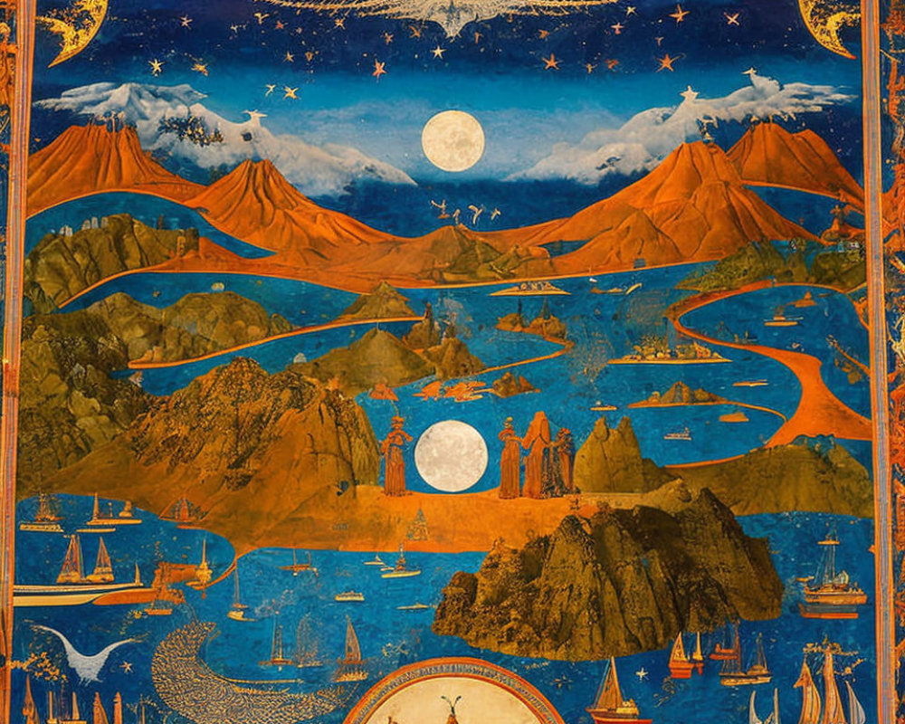 Fantastical landscape with star-filled night sky and full moon
