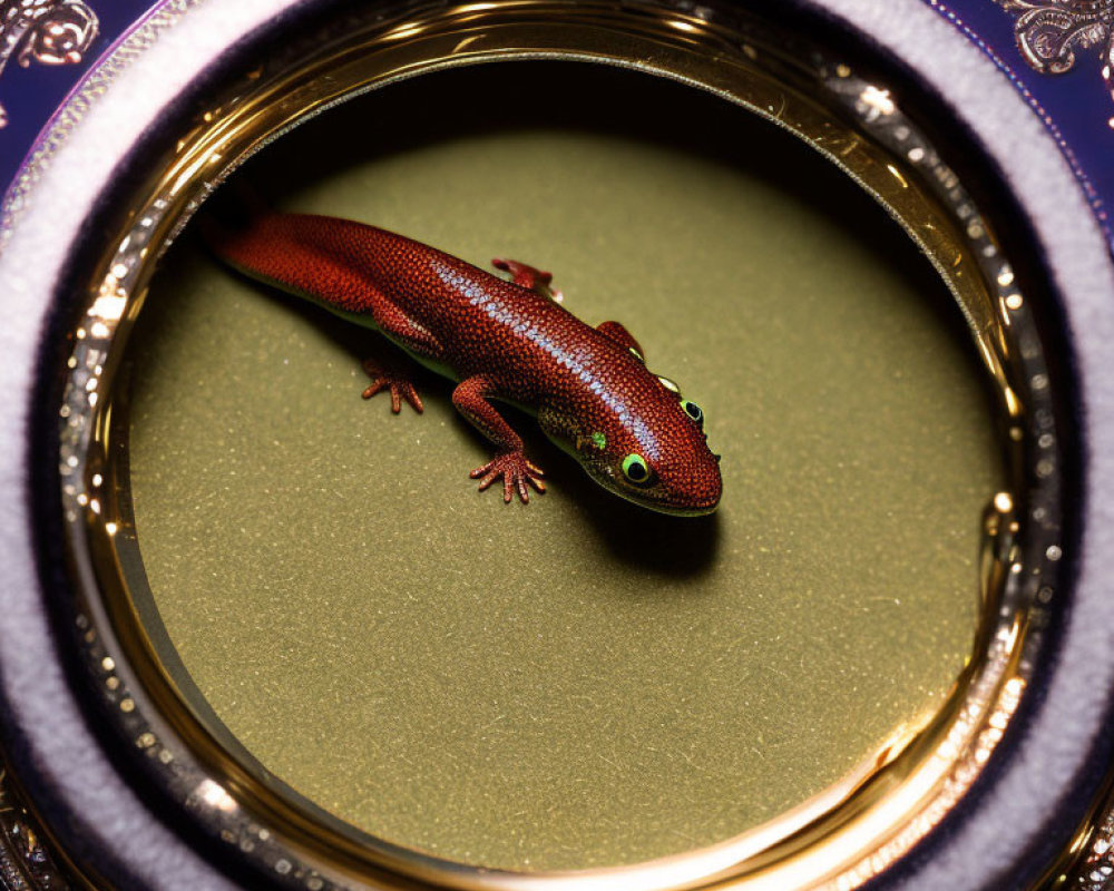 Red gecko with green spots in ornate golden-framed mirror on blue surface