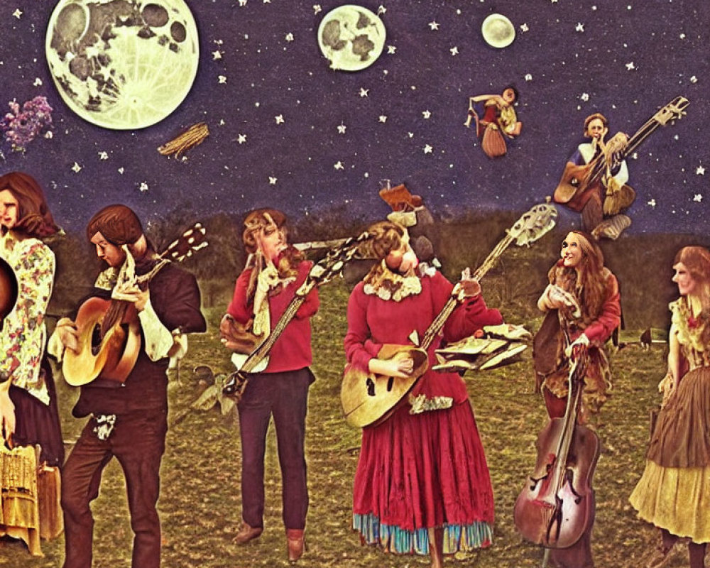 Vintage Folk Band Playing Instruments Outdoors Under Twilight Sky