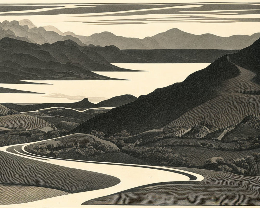 Monochromatic landscape with layered hills, valleys, and winding river