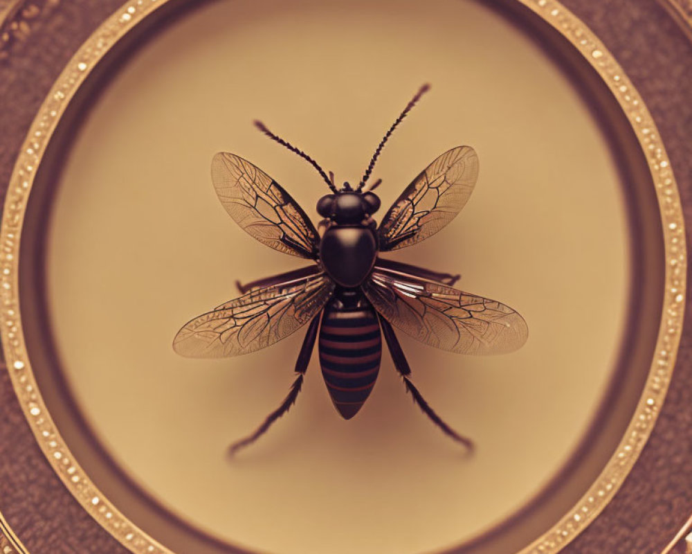 Detailed Bee Illustration with Translucent Wings in Circular Frames
