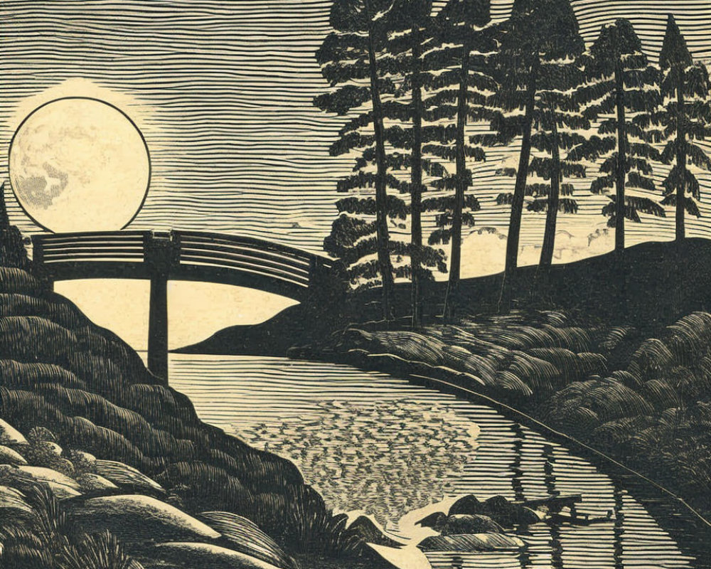 Tranquil night scene with full moon, bridge, river, and pine trees