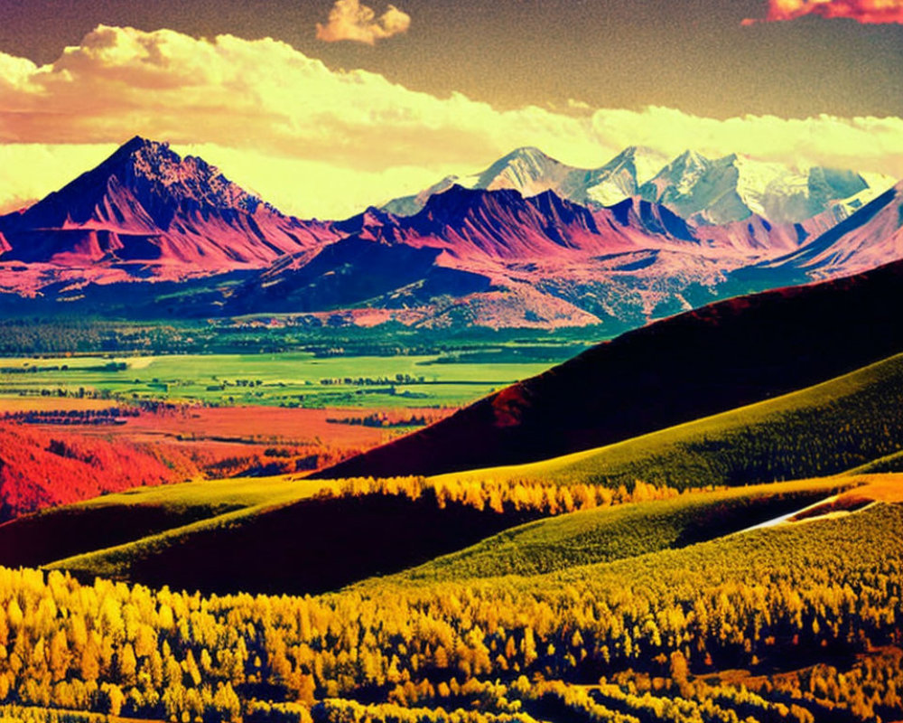 Colorful Autumn Landscape with Snow-Capped Mountains