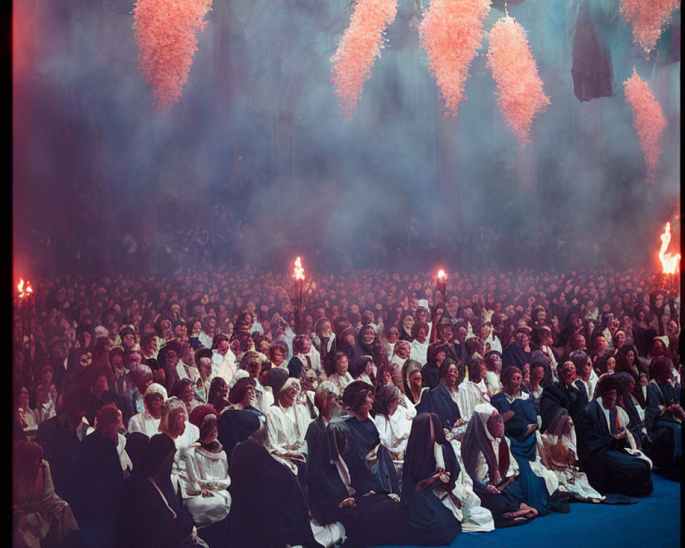 Indoor event with people in white head coverings under pink-lit smoke