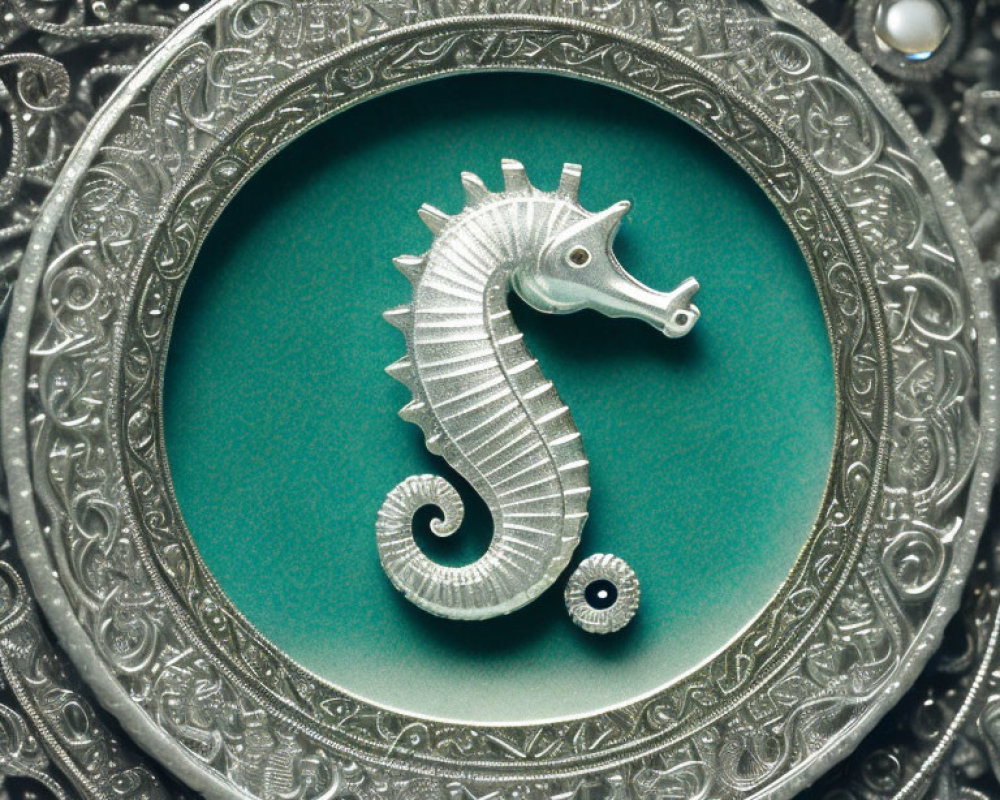 Silver Seahorse Figurine on Turquoise Background with Silver Frame