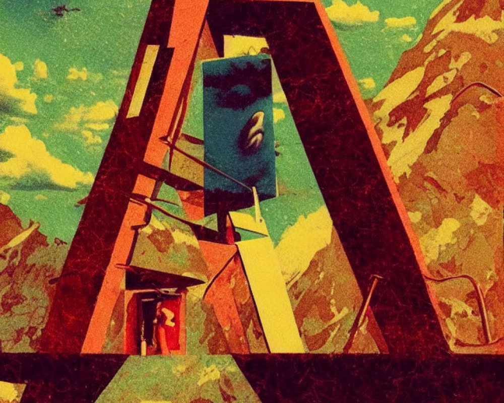 Retro-futuristic artwork of towering structure and cable car against mountain backdrop
