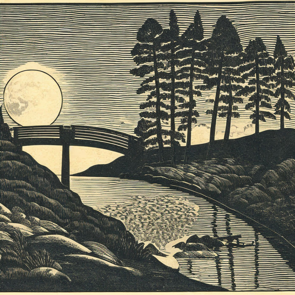 Tranquil night scene with full moon, bridge, river, and pine trees
