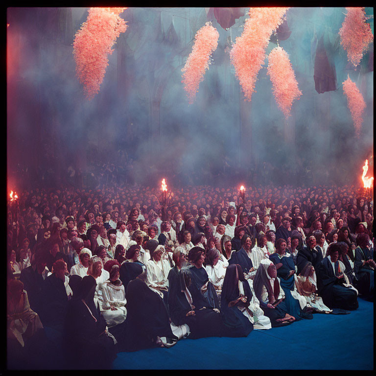 Indoor event with people in white head coverings under pink-lit smoke