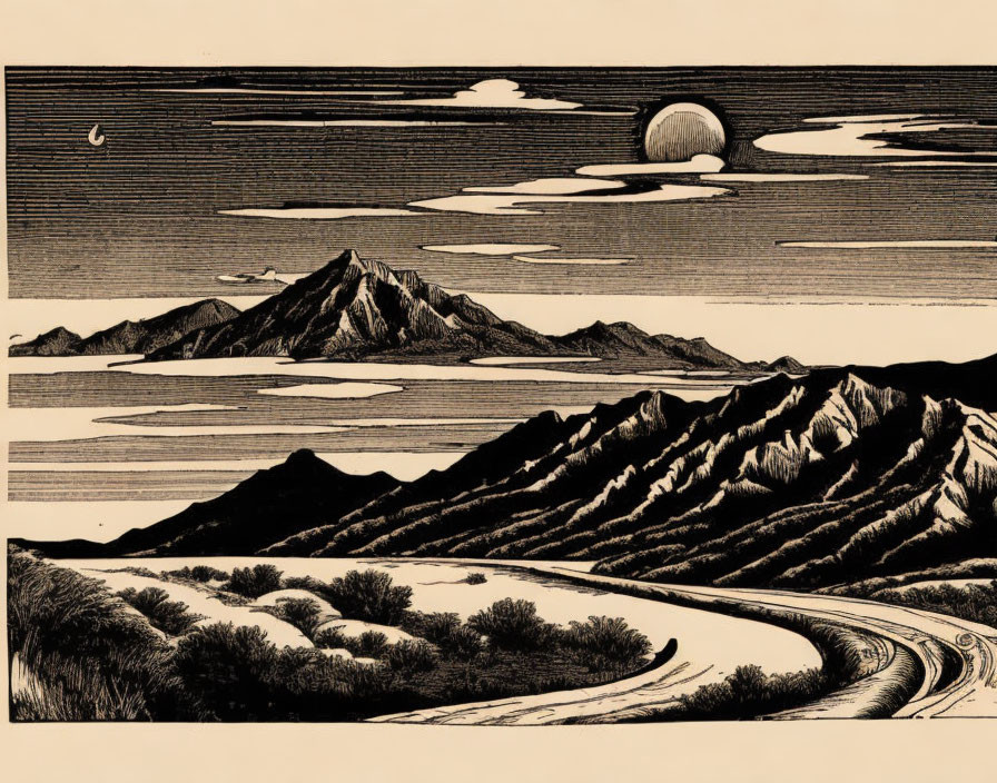 Monochromatic landscape with winding road through hills and mountains