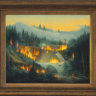 Nighttime landscape painting of forest wildfire scene