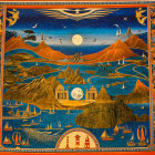 Fantastical landscape with star-filled night sky and full moon