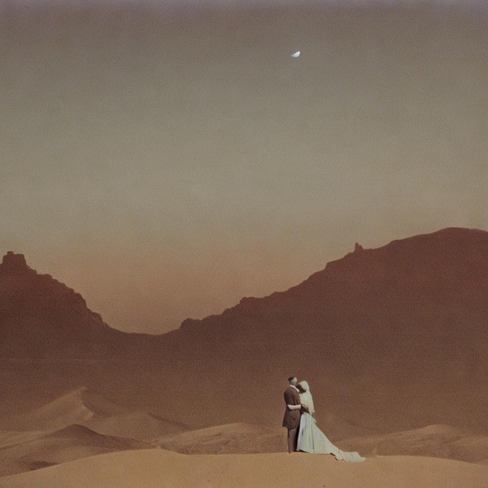 Couple Embracing in Sandy Desert with Rolling Dunes and Moonlit Sky