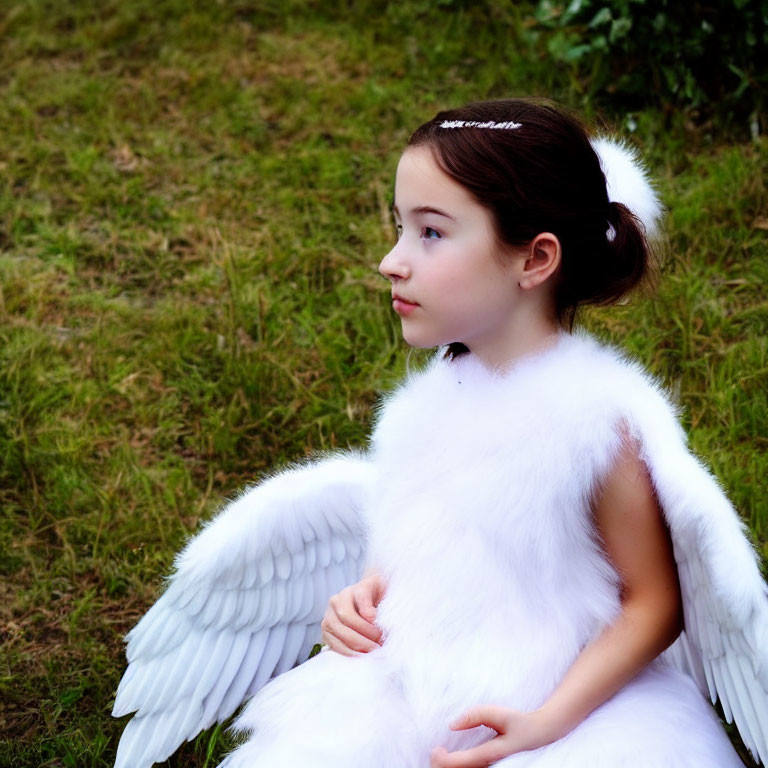 Young Child in White Angel Costume Sitting on Grassy Background