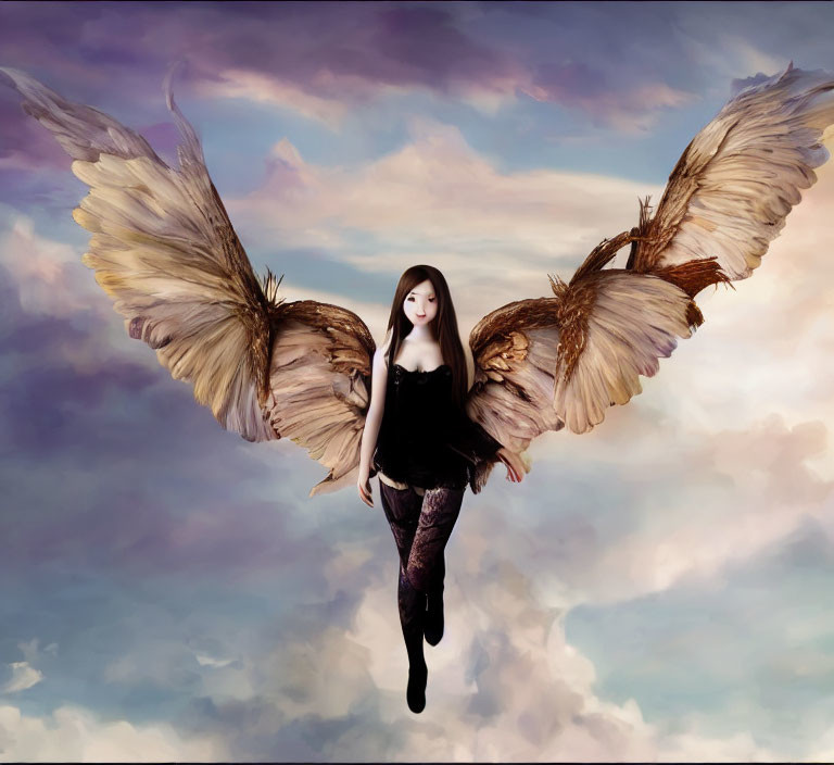 Digital artwork: Woman with intricate wings in sky with soft clouds