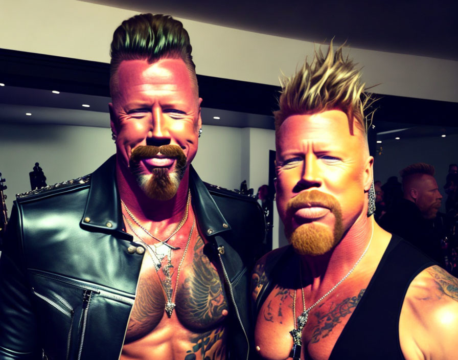 Stylized characters with mohawks, leather jackets, and tattoos in dimly lit room