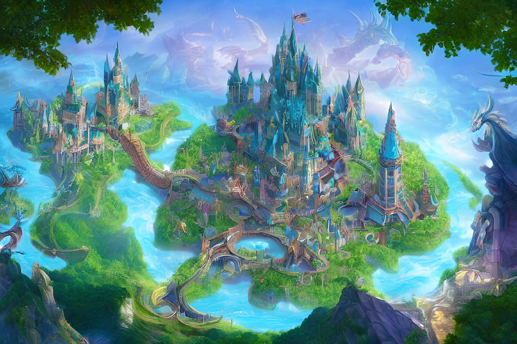 Majestic castle in fantastical landscape with dragons