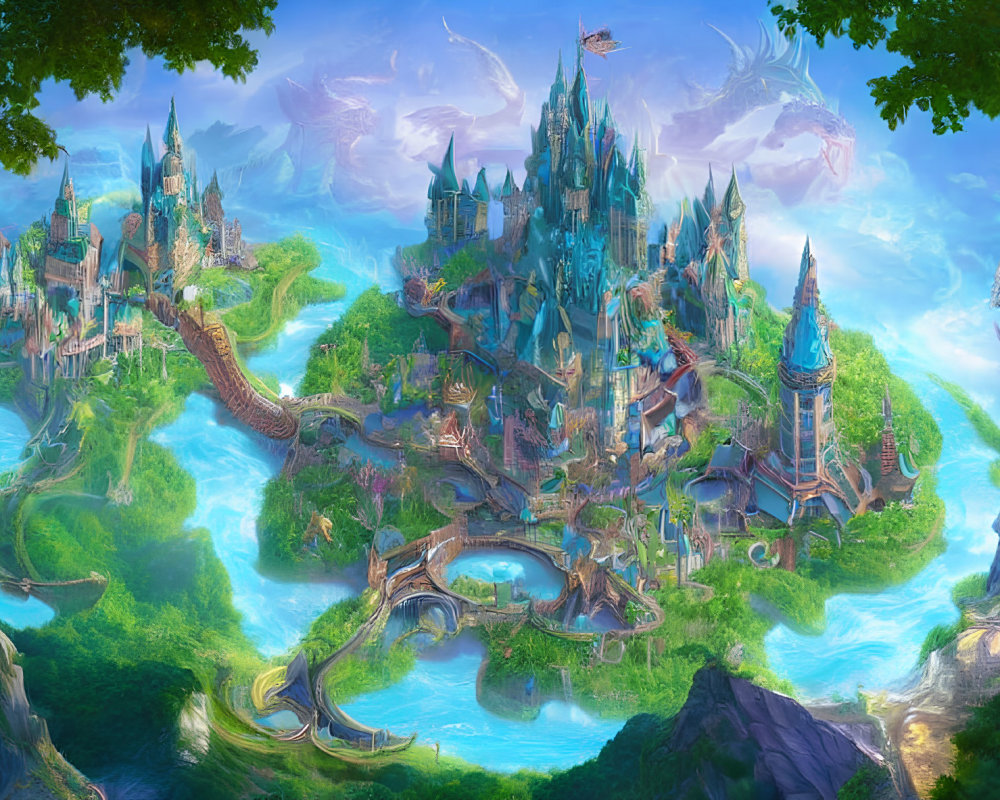 Majestic castle in fantastical landscape with dragons